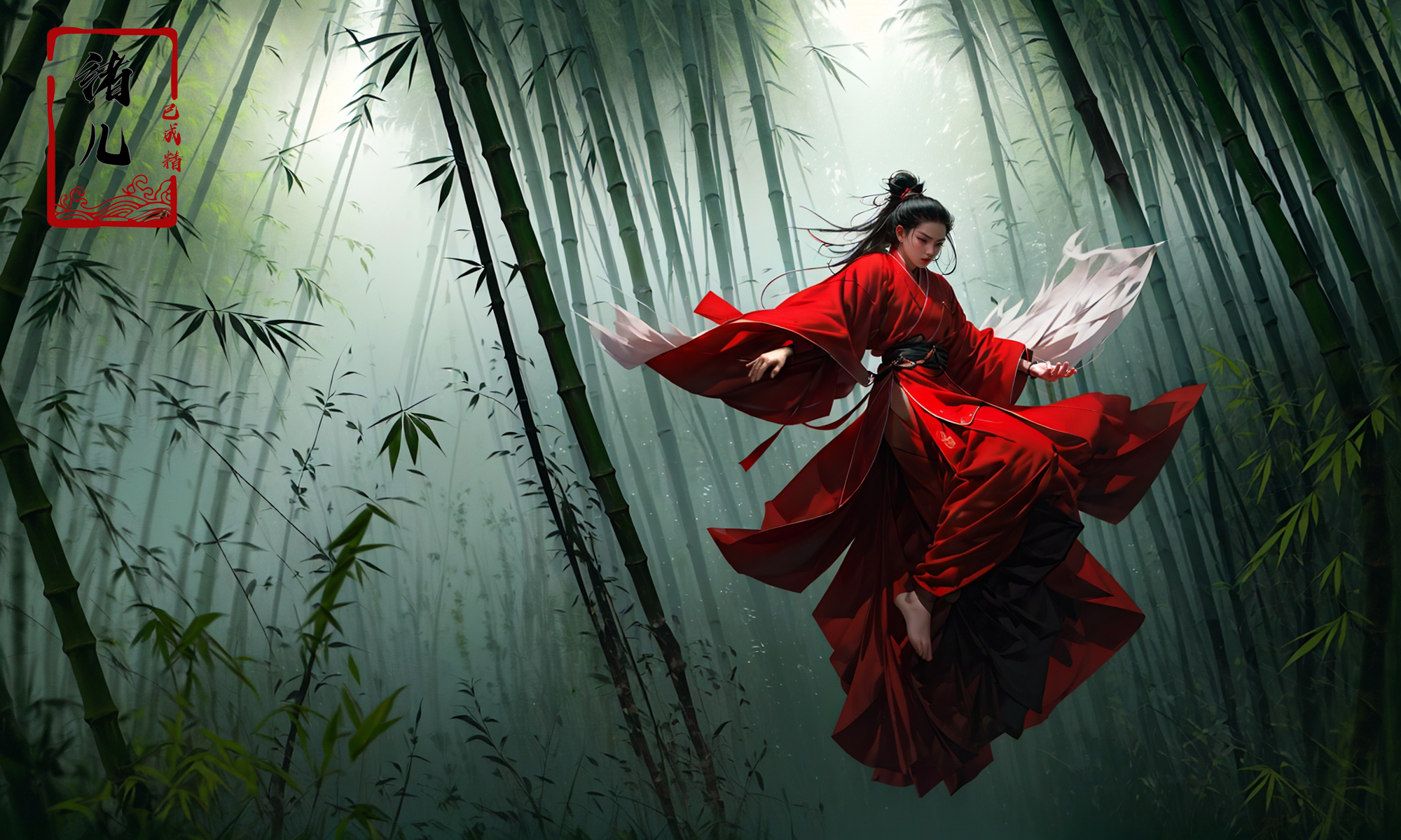 606247209521969088-1535946371-To shoot from above.  ，art by Zao Wou-ki，extreme close - up, focus on face, A woman in red Hanfu, wearing a white transparent ve(1).png